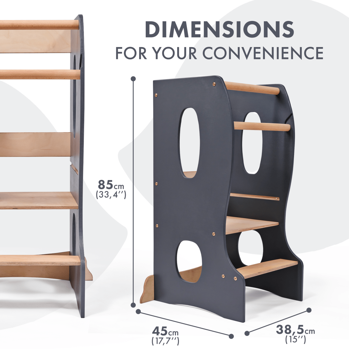 Stable Montessori Tower – Wooden Growing Chair With Cut-Out Handles – Grey