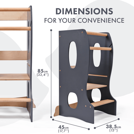 Stable Montessori Tower – Wooden Growing Chair With Cut-Out Handles – Grey
