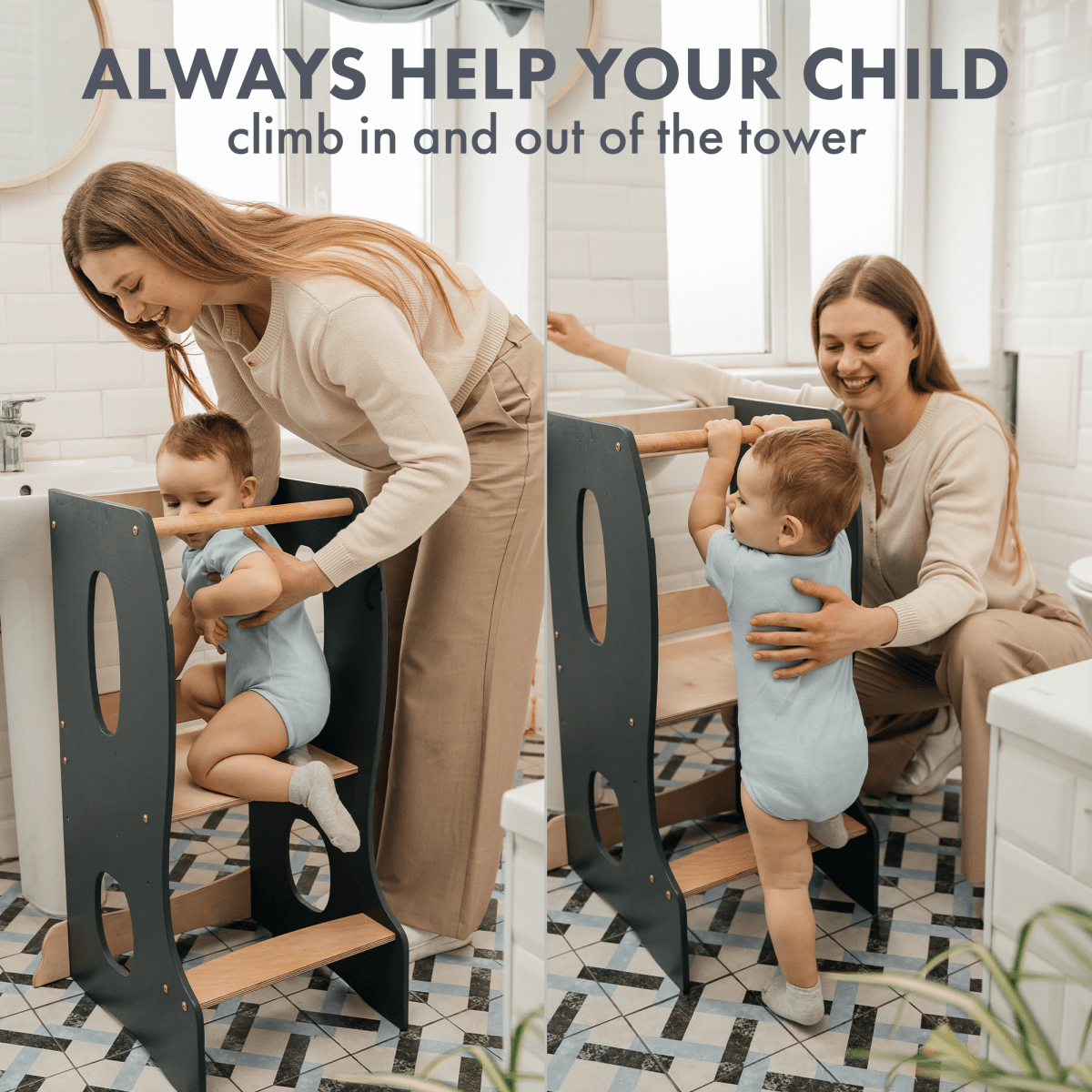 Stable Montessori Tower – Wooden Growing Chair With Cut-Out Handles – Grey