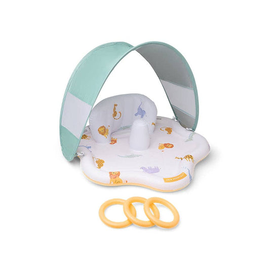 Baby playing on a colourful splash mat garden toy