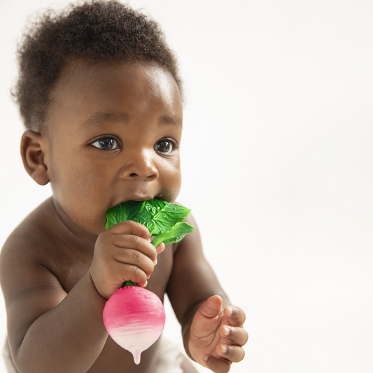 Oli & Carol Ramona the Radish natural rubber baby teether lifestyle photo