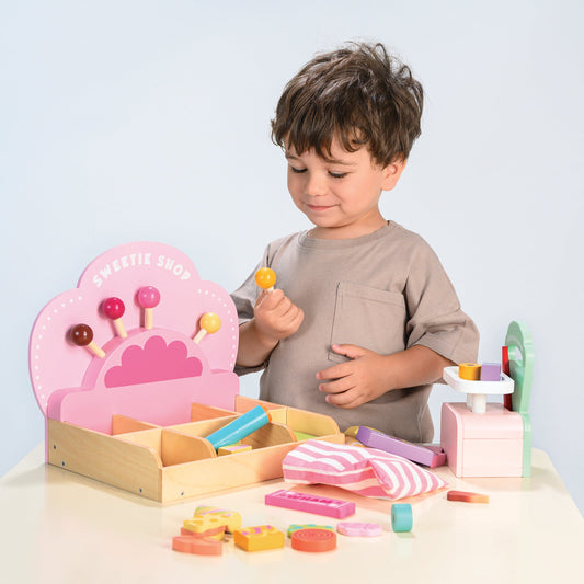 Tender Leaf Sweetie Pic'n'Mix Shop wooden sweet shop toy with colourful wooden sweets, scoop and weighing scales
