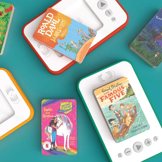 Voxblock audiobook player flatlay — screen-free storytelling device for children