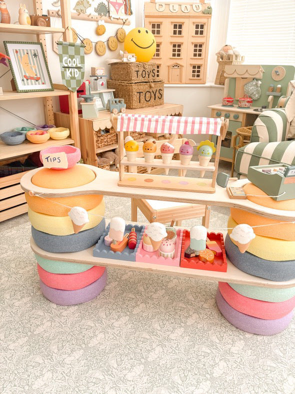 Scoops and Smiles ice cream wooden toy stand. Perfect for toddlers. 