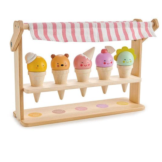 Scoops and Smiles ice cream wooden toy stand. Perfect for toddlers.