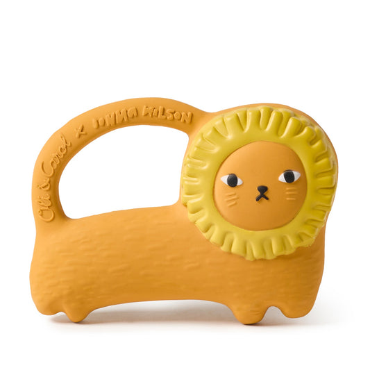 Yellow lion-shaped teething toy with a handle on a white background