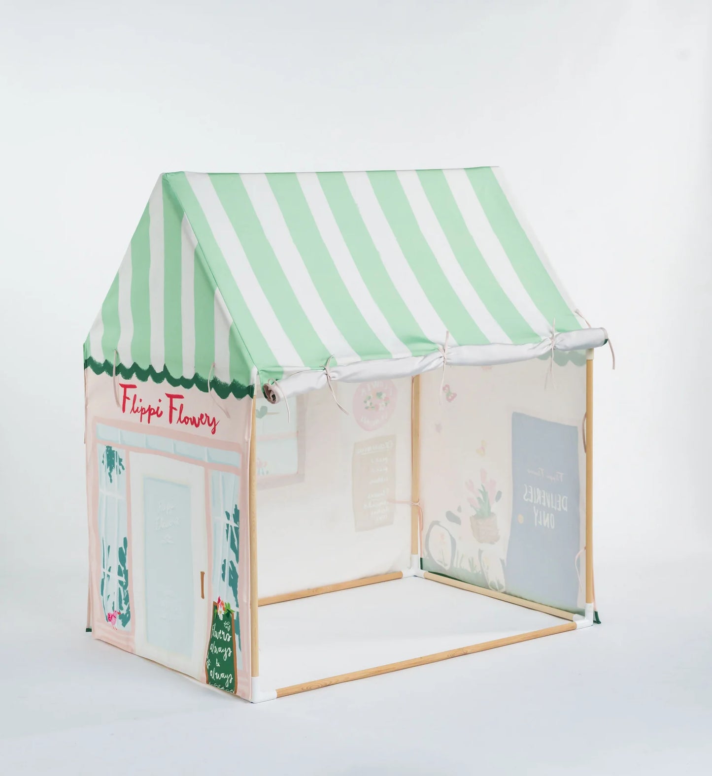 A children's playhouse tent with a mint green and white striped awning, a light wood frame, and printed decorative panels on a white studio background.