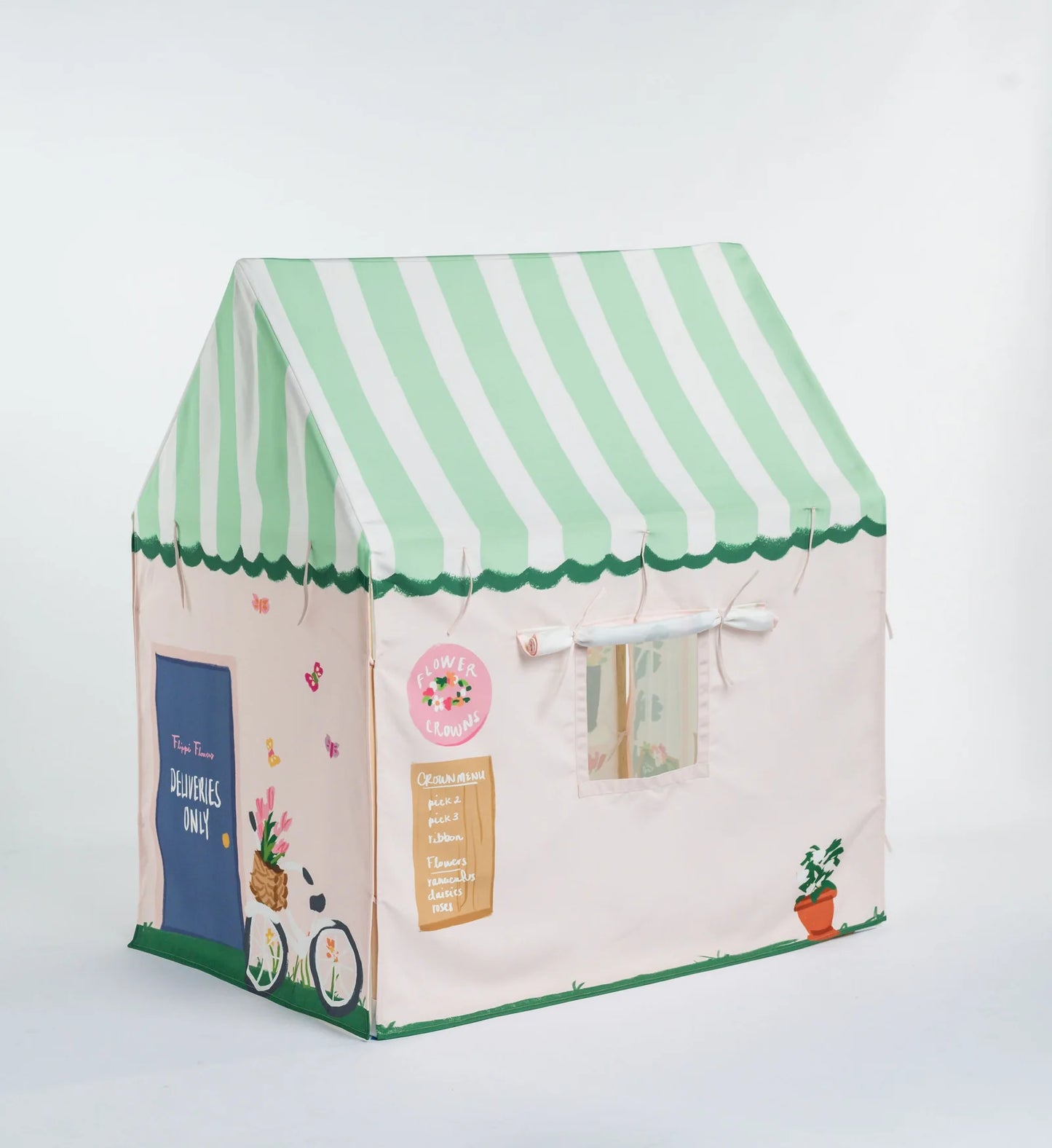 Children's play tent with green and white striped roof on a light gray background