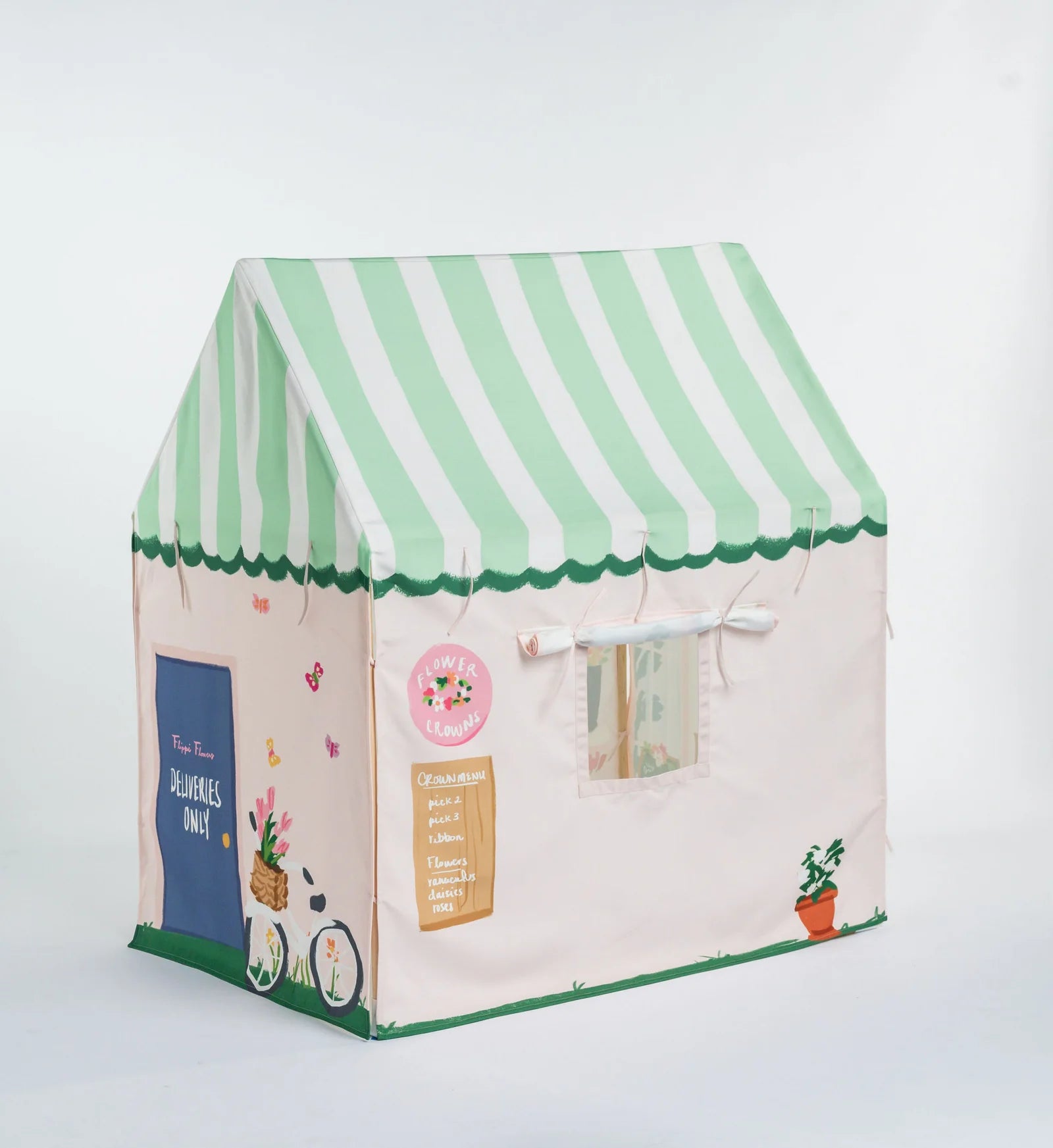 Children's play tent with green and white striped roof on a light gray background