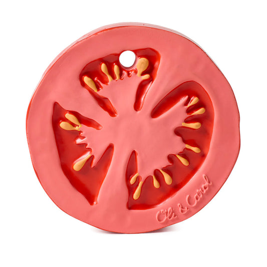 Red silicone tomato mold with 'Oli & Carol' branding on a white background