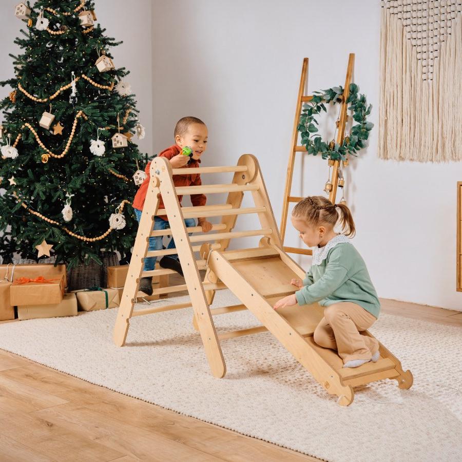 4in1 Montessori Climbing Frame Set: Triangle Ladder + Climbing Arch + Slide Board + Cushion Beige