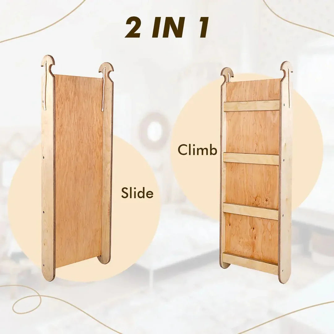 4in1 Montessori Climbing Frame Set: Triangle Ladder + Climbing Arch + Slide Board + Cushion Beige