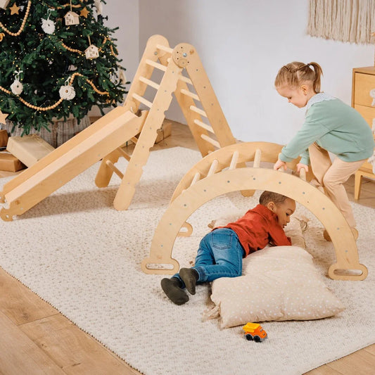 4in1 Montessori Climbing Frame Set: Triangle Ladder + Climbing Arch + Slide Board + Cushion Beige
