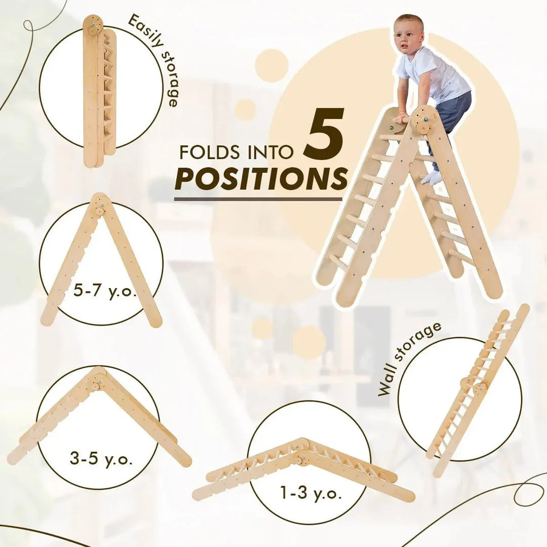 4in1 Montessori Climbing Frame Set: Triangle Ladder + Climbing Arch + Slide Board + Cushion Beige