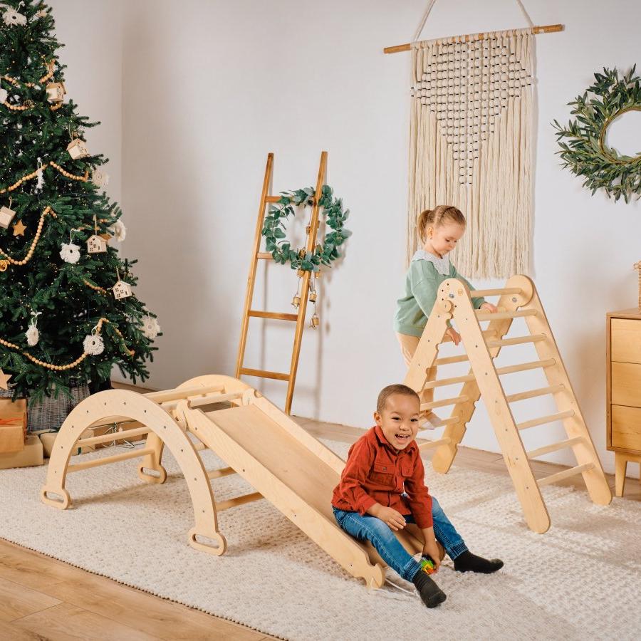 4in1 Montessori Climbing Frame Set: Triangle Ladder + Climbing Arch + Slide Board + Cushion Beige