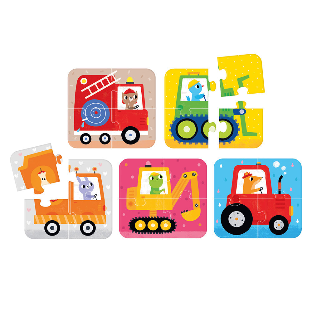 Set of colorful children's puzzles with vehicles and animals on a white background