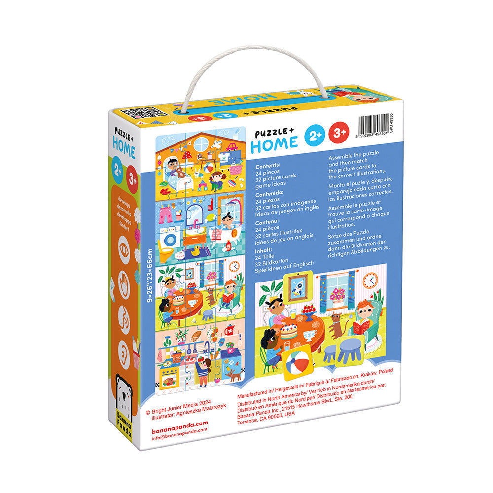 Puzzle packaging with colorful illustrations of a house and people, featuring a handle on a white background.