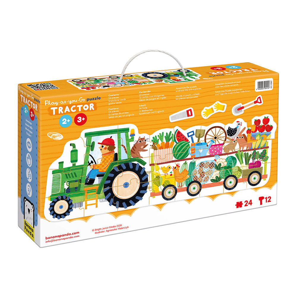 A boxed children's jigsaw puzzle package labeled 'Play with your Co puzzle TRACTOR' on a plain white background. The box is orange with a large illustrated tractor and trailer scene showing farm animals, vegetables, and tools.