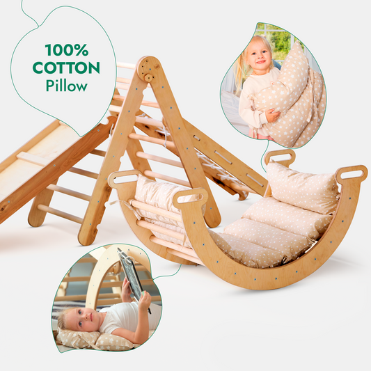 5in1 Montessori Climbing Frame: Pikler Triangle + Arch/Rocker + Slide Board/Ramp + Netting Rope + Cushion