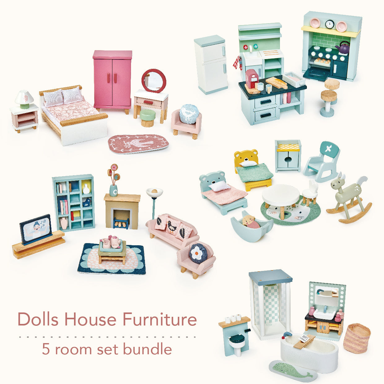 Wooden Dollhouse Furniture Bundle – 5 Room Sets, 40+ Pieces | Tender Leaf Toys
