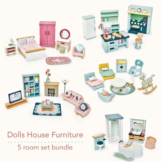 Wooden Dollhouse Furniture Bundle – 5 Room Sets, 40+ Pieces | Tender Leaf Toys