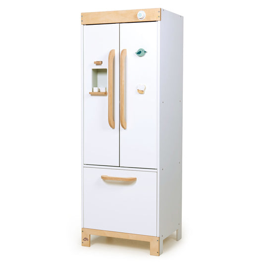 White toy refrigerator with wooden accents on a white background
