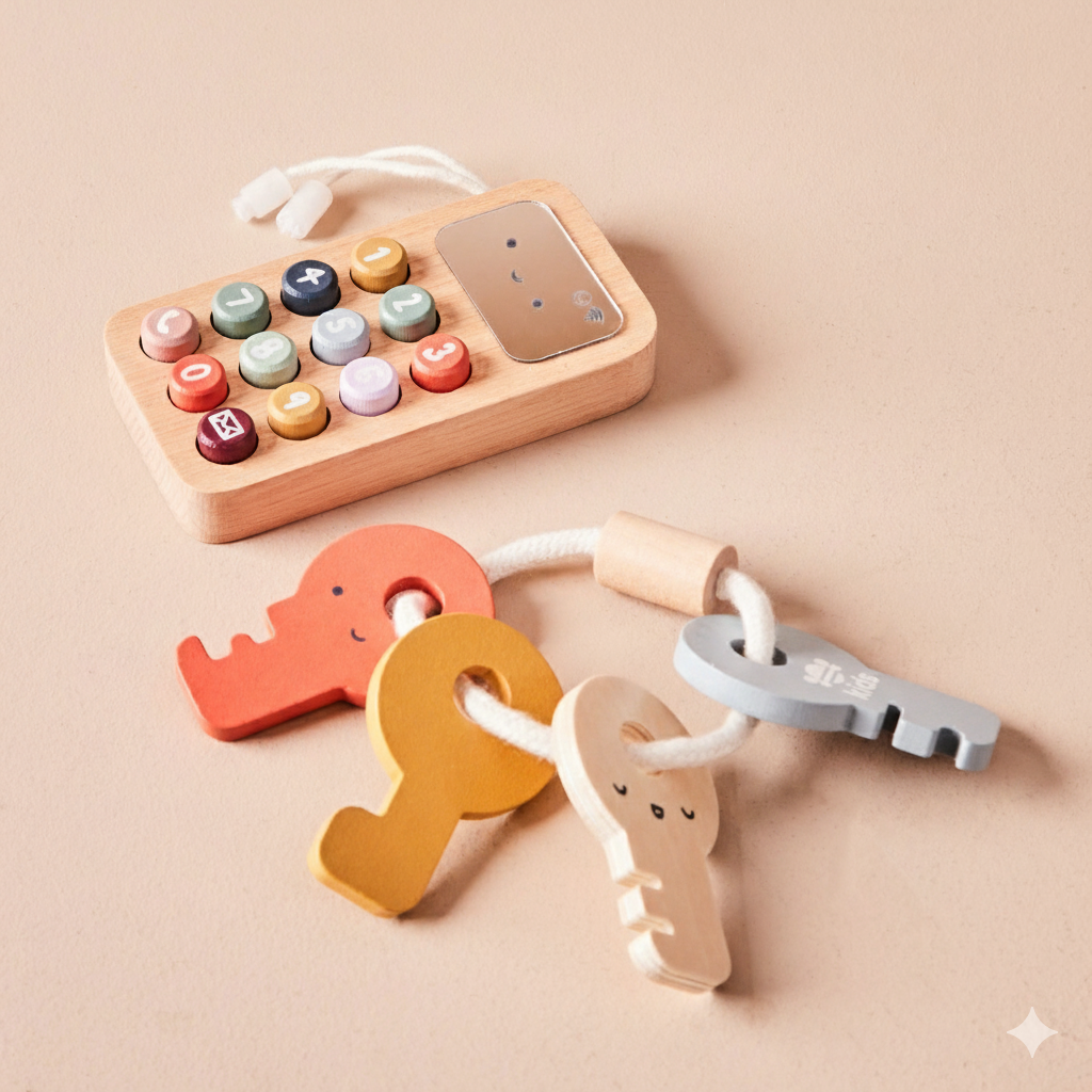 Just Bee Kids Wooden Phone &amp; Keys Set – Sensory Pretend Play Toy for Babies &amp; Toddlers (10 Months+)