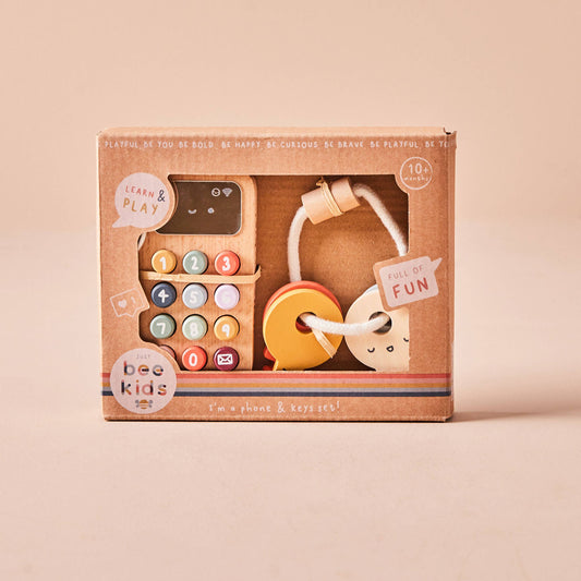 Just Bee Kids Wooden Phone &amp; Keys Set – Sensory Pretend Play Toy for Babies &amp; Toddlers (10 Months+)