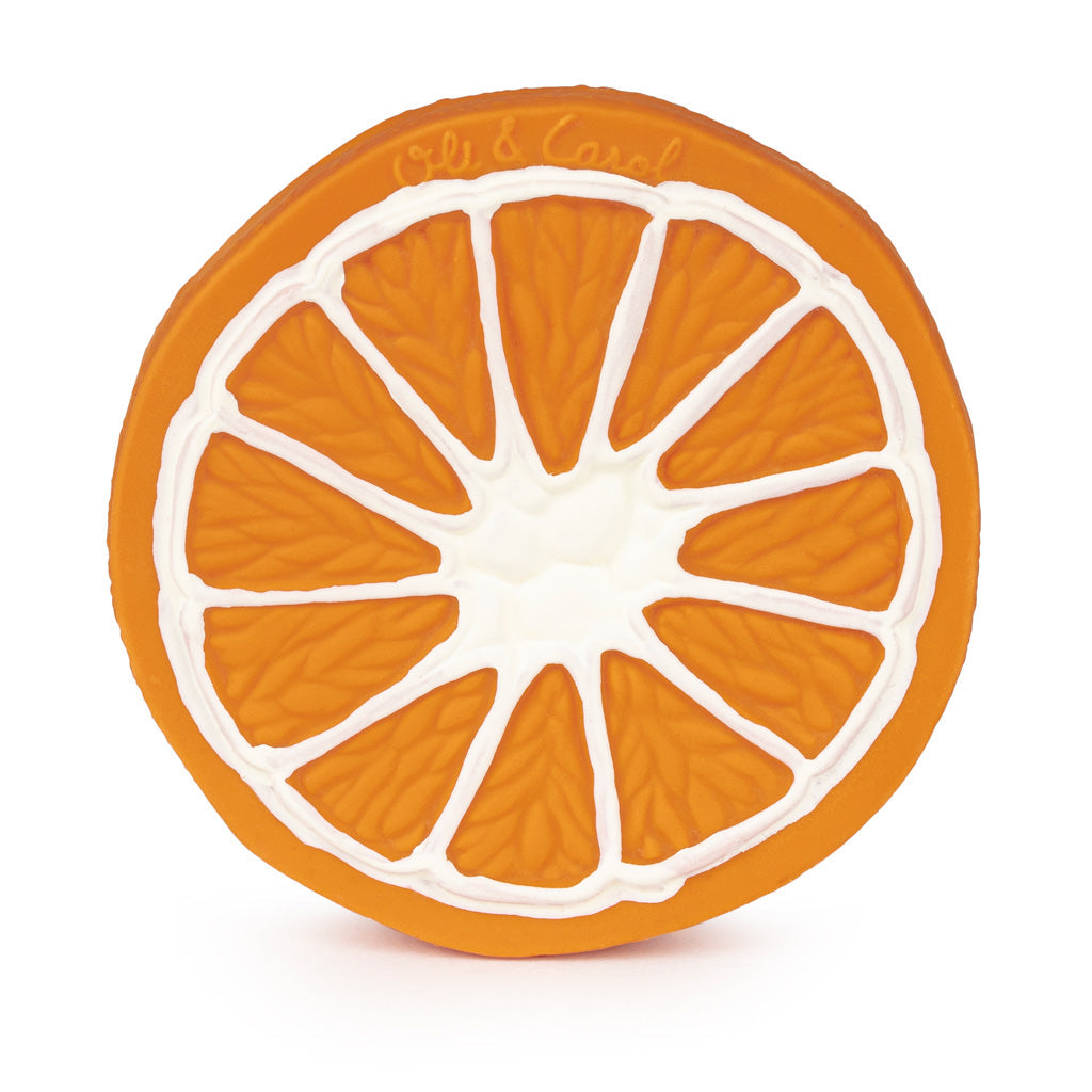 Orange slice-shaped object with visible brand name on a white background
