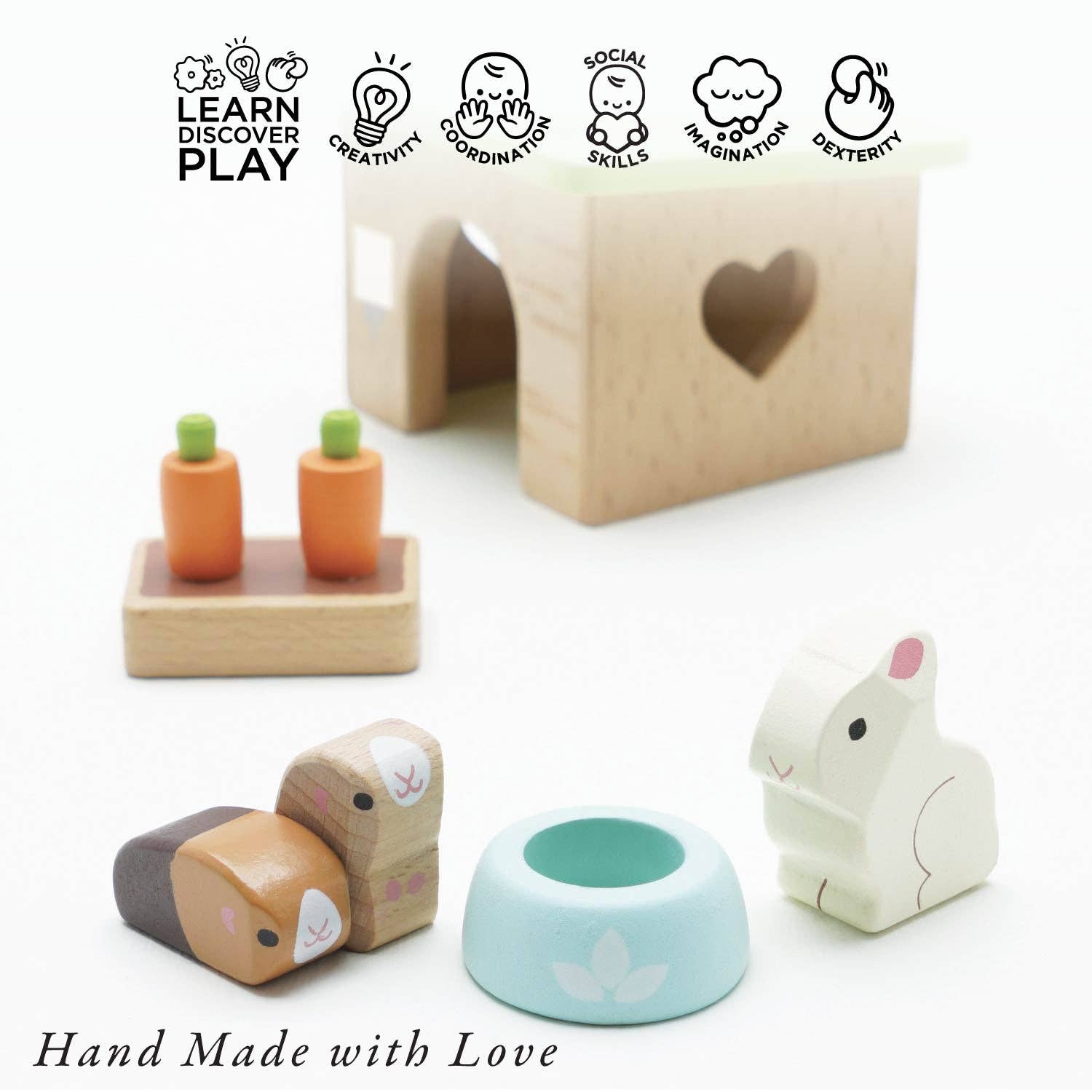 Set of wooden toys including carrots, a rabbit, and a mouse with branding elements.