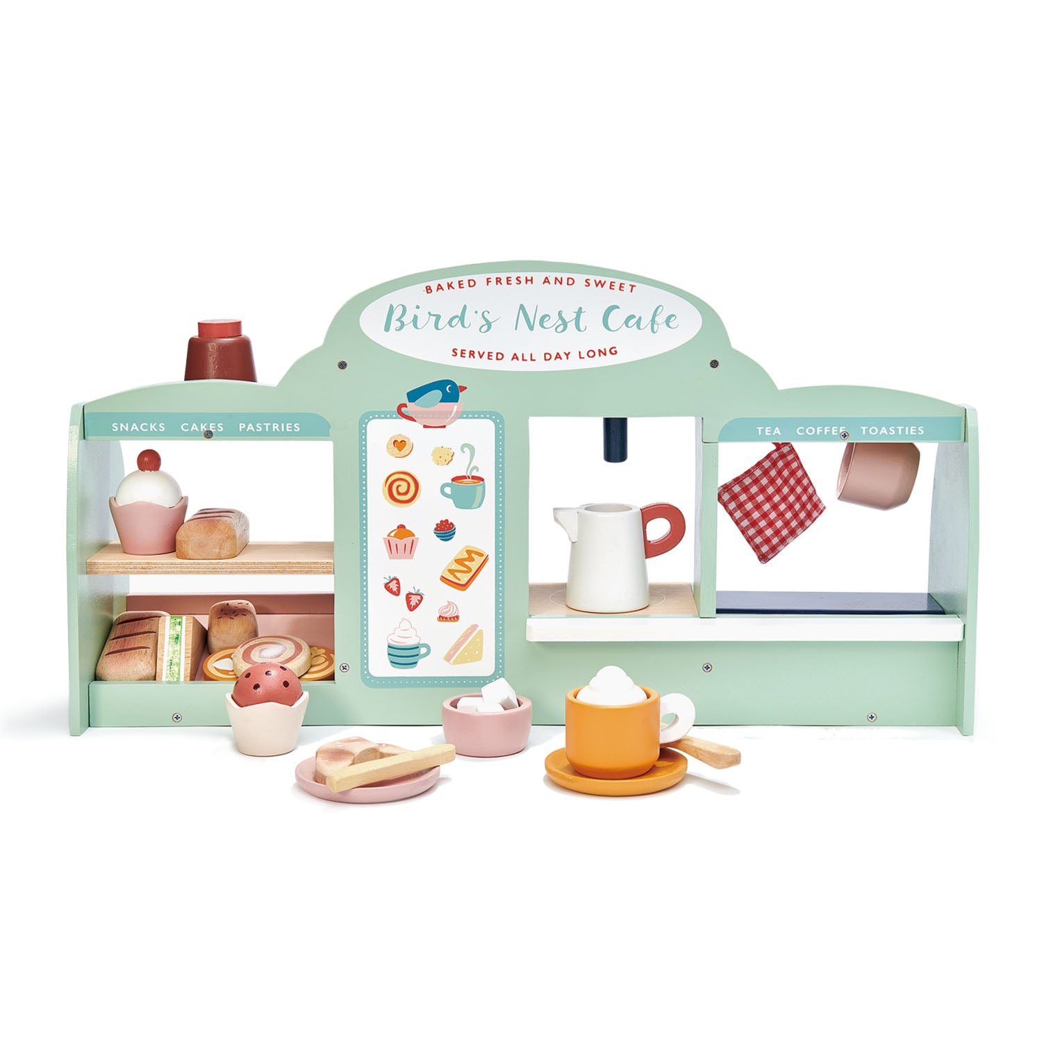 Wooden toy cafe set with shelves and small items on a white background. imaginative play. 