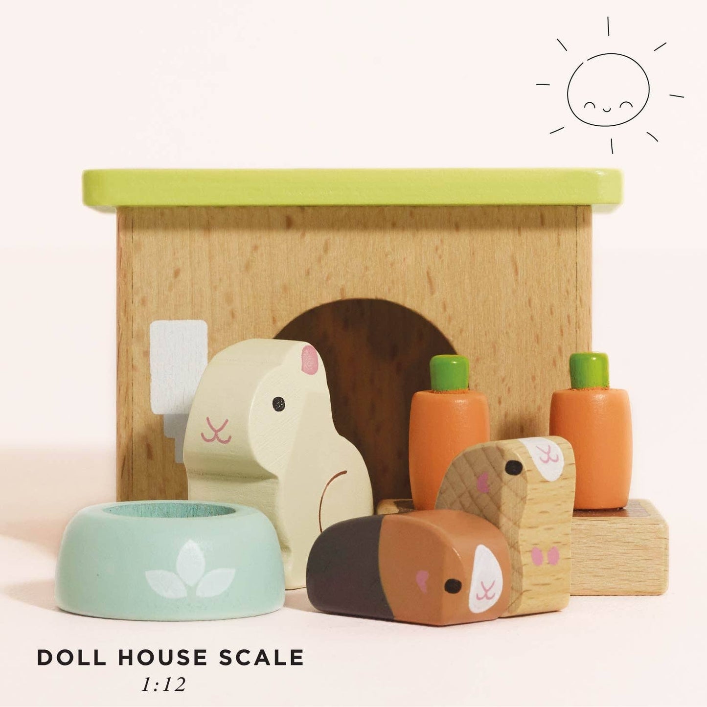 Wooden toy set with animal figures and a dollhouse on a light background