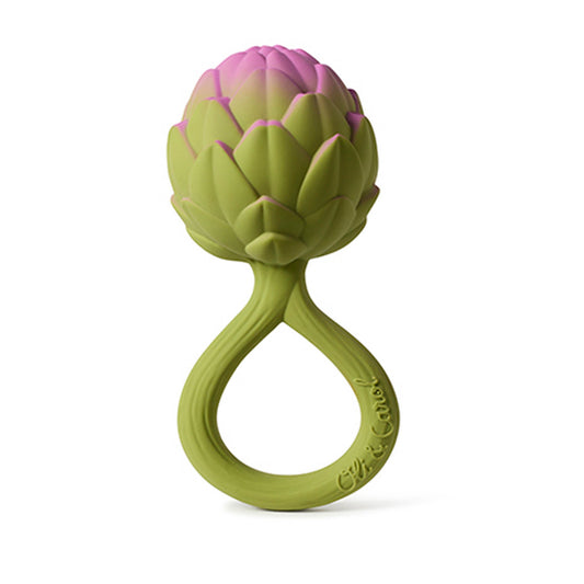 Green artichoke-shaped teething ring on a white background
