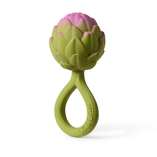 Green and pink artichoke-shaped toy on a white background