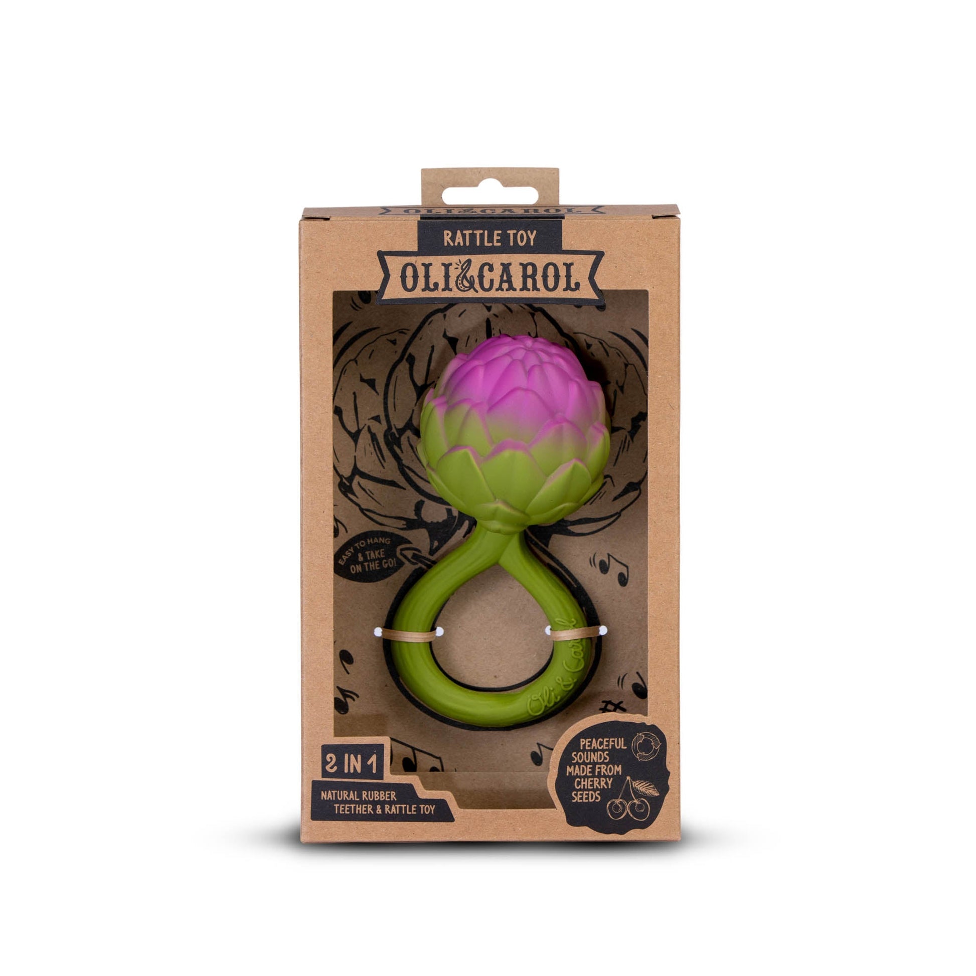 Oli & Carol artichoke-shaped teething toy in packaging on a white background