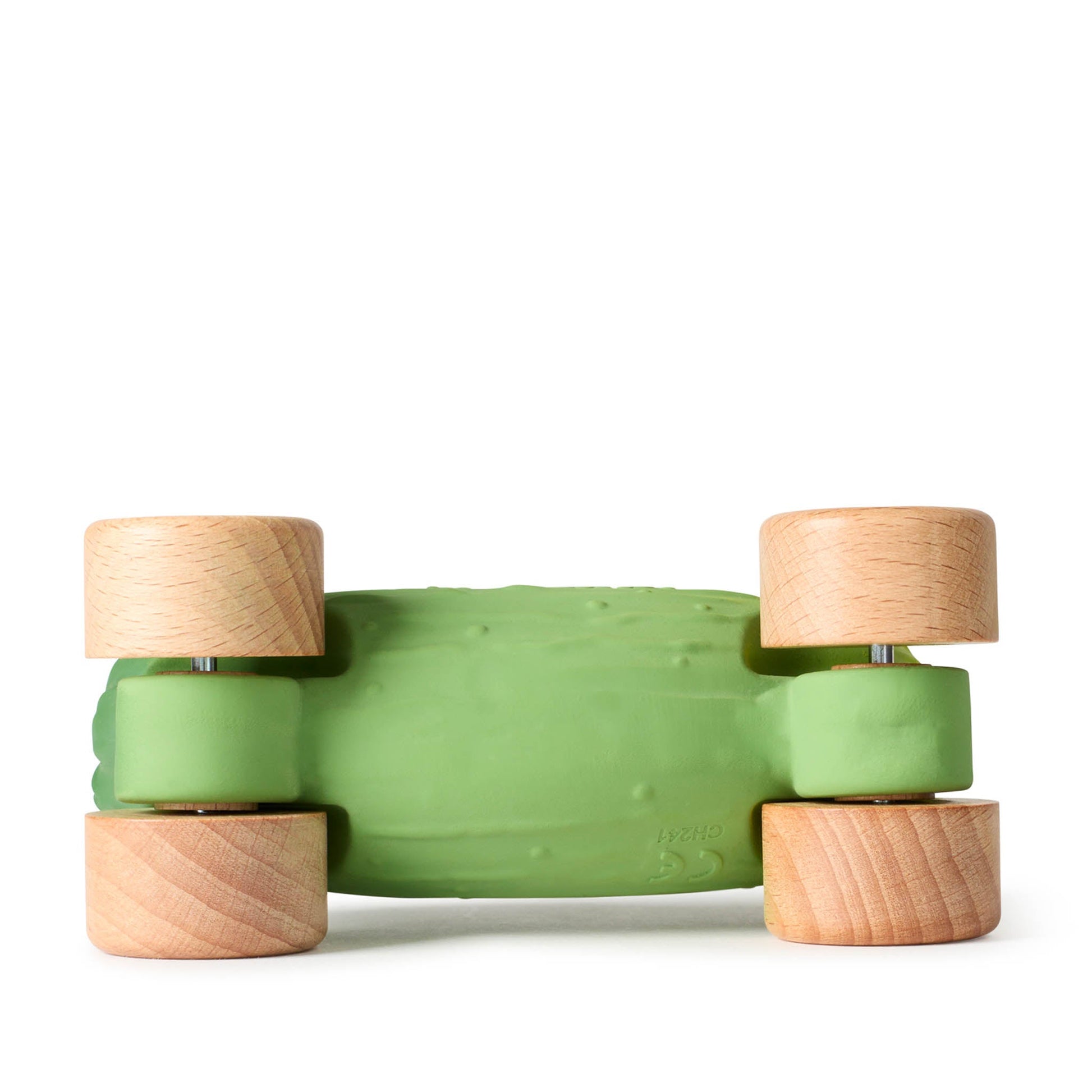 Green skateboard with wooden trucks on a white background