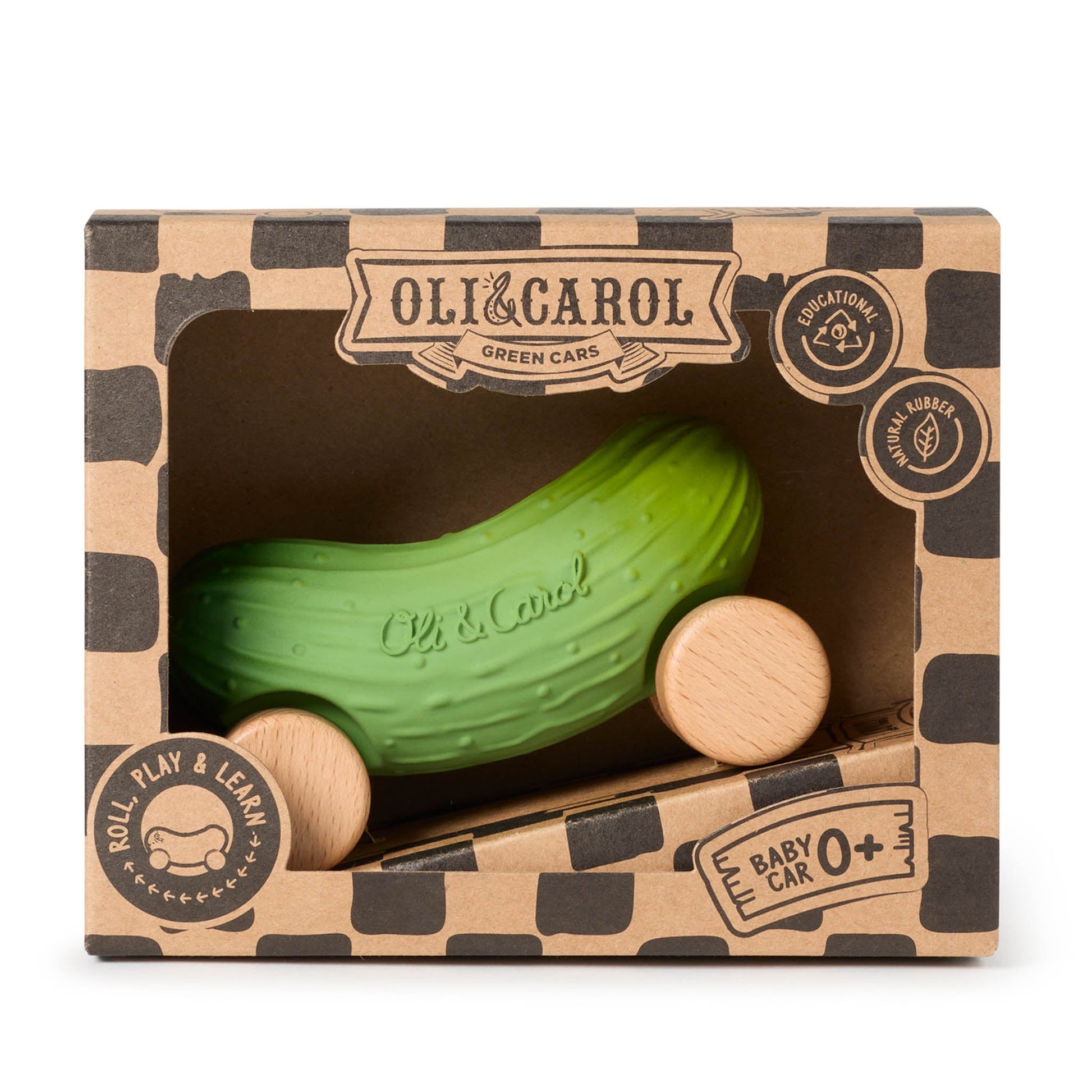 Green toy car and wooden wheel in Oli & Carol packaging on a white background