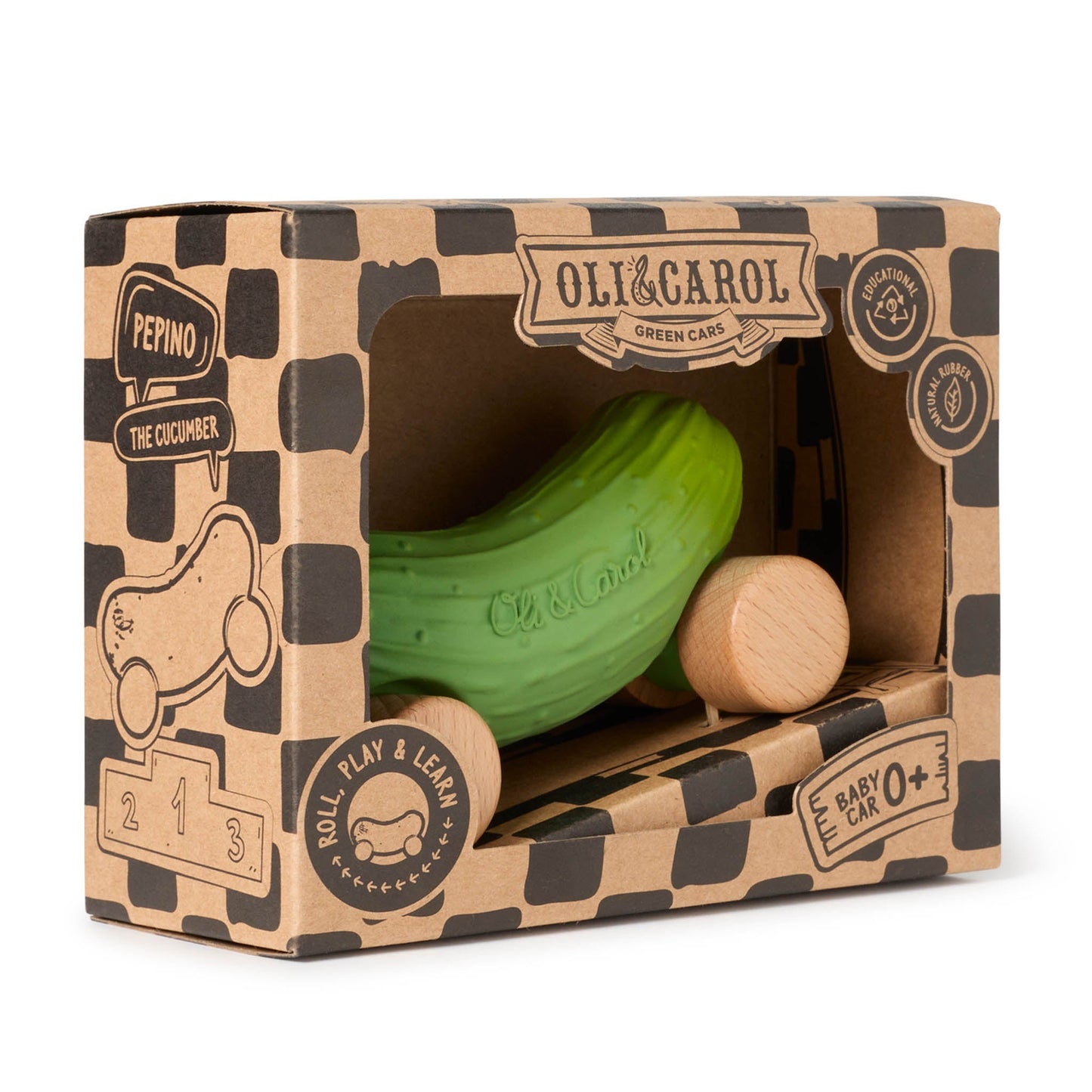 Green teething toy in a branded Oli & Carol packaging on a white background