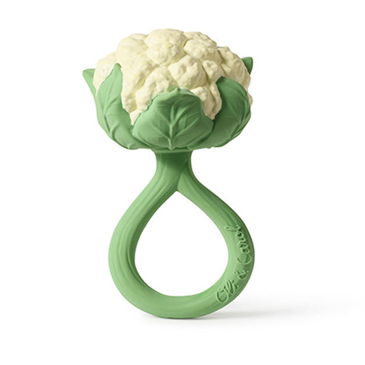 Green silicone teething ring shaped like a cauliflower on a white background