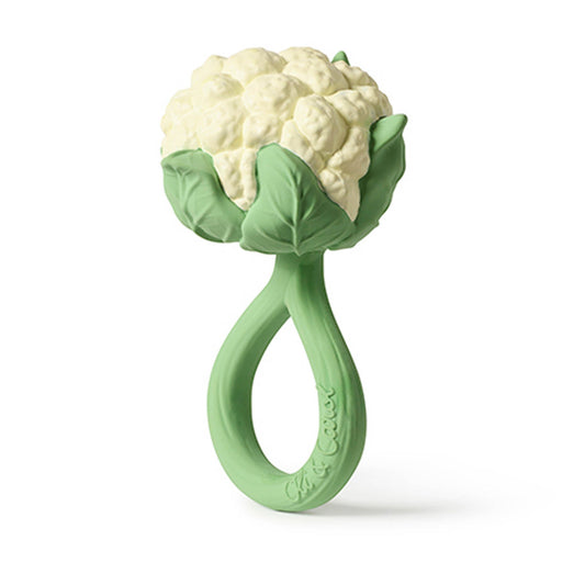 Cauliflower-shaped green teether on a white background