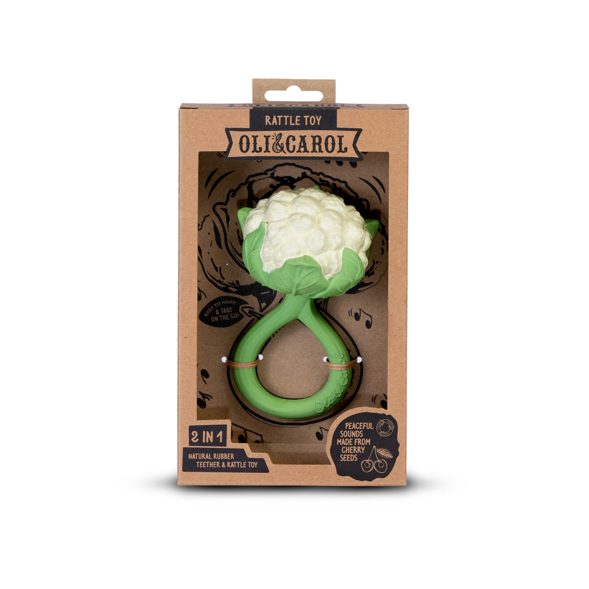 Oli and Carol cauliflower-shaped teething toy in packaging on a white background