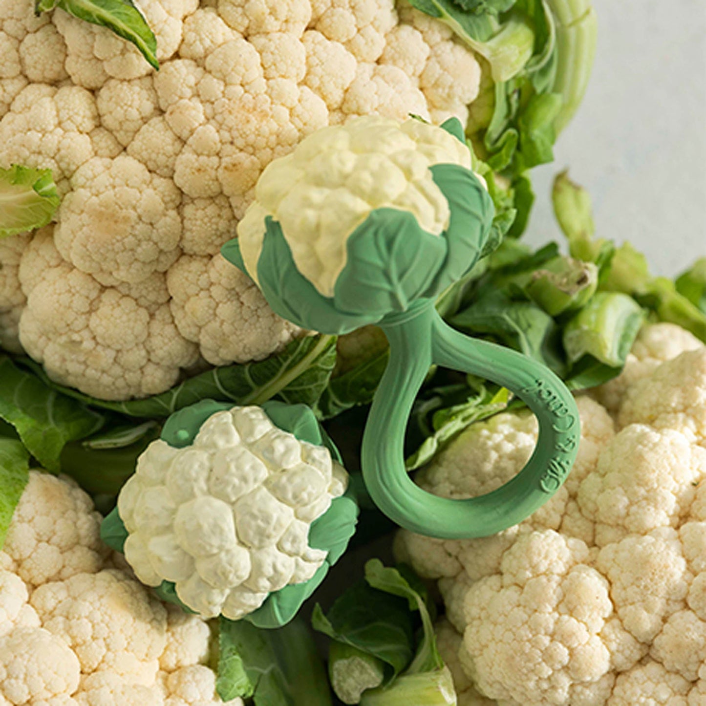 Green baby teether surrounded by cauliflower and green leaves on a white background
