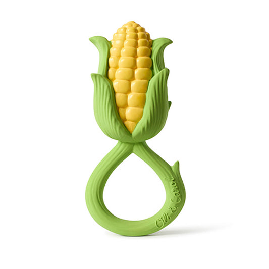 Corn-shaped green teething ring on a white background