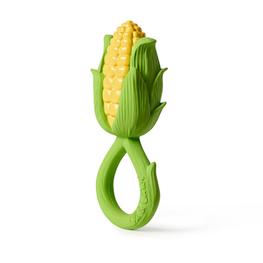 Green silicone corn holder with a yellow corn kernel on a white background