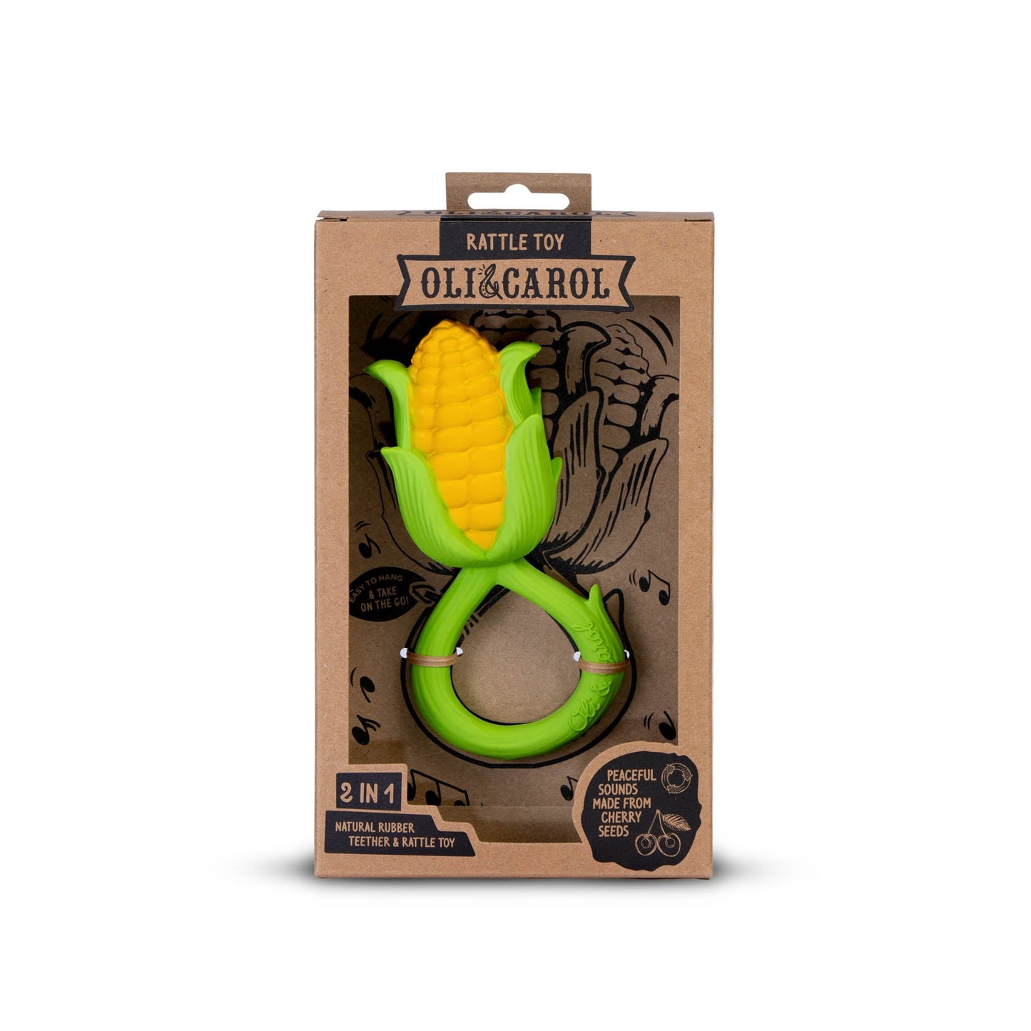 Corn-shaped rattle toy in Oli & Carol packaging on a white background