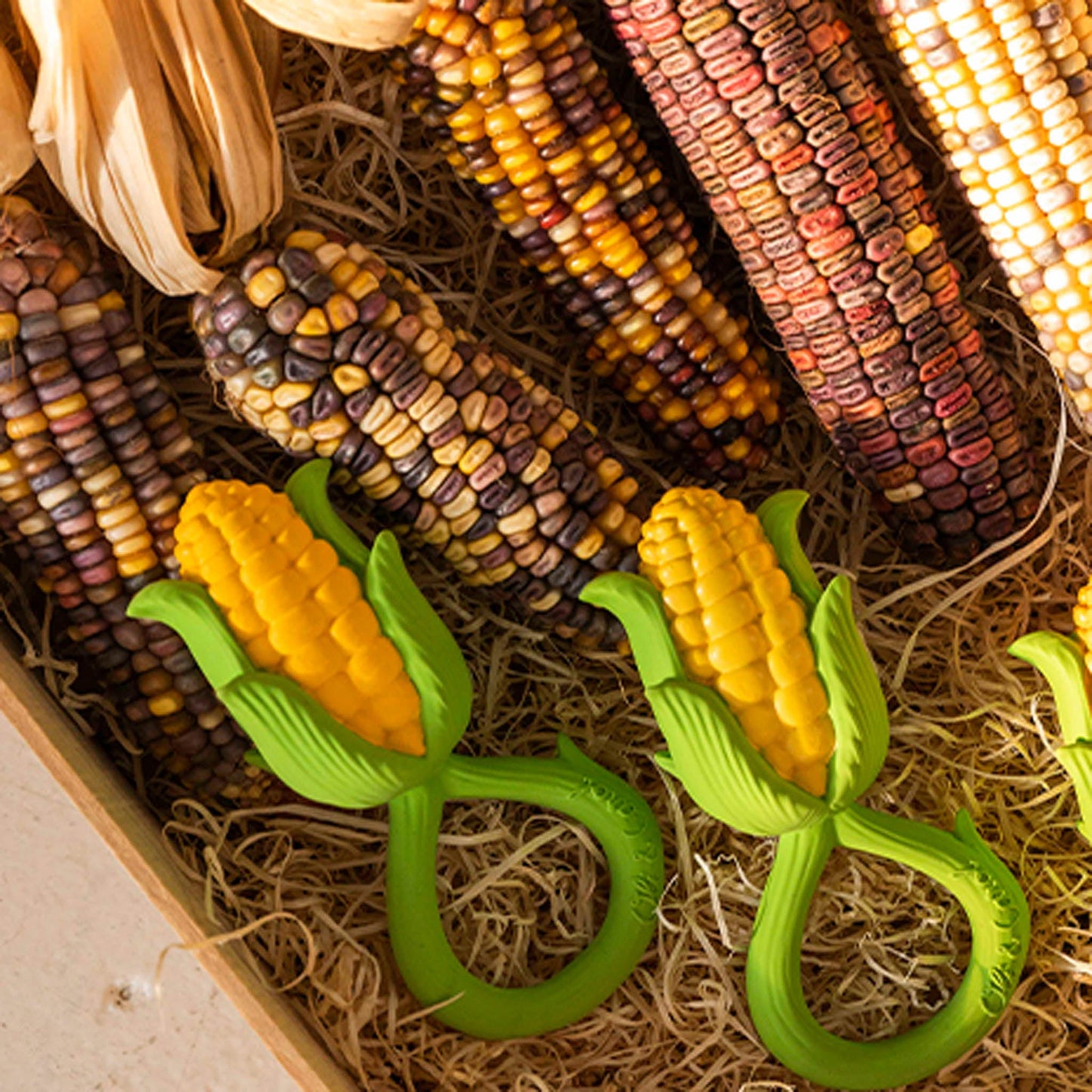 Two green corn-shaped baby teether toys on a bed of straw with decorative corn cobs in the background.