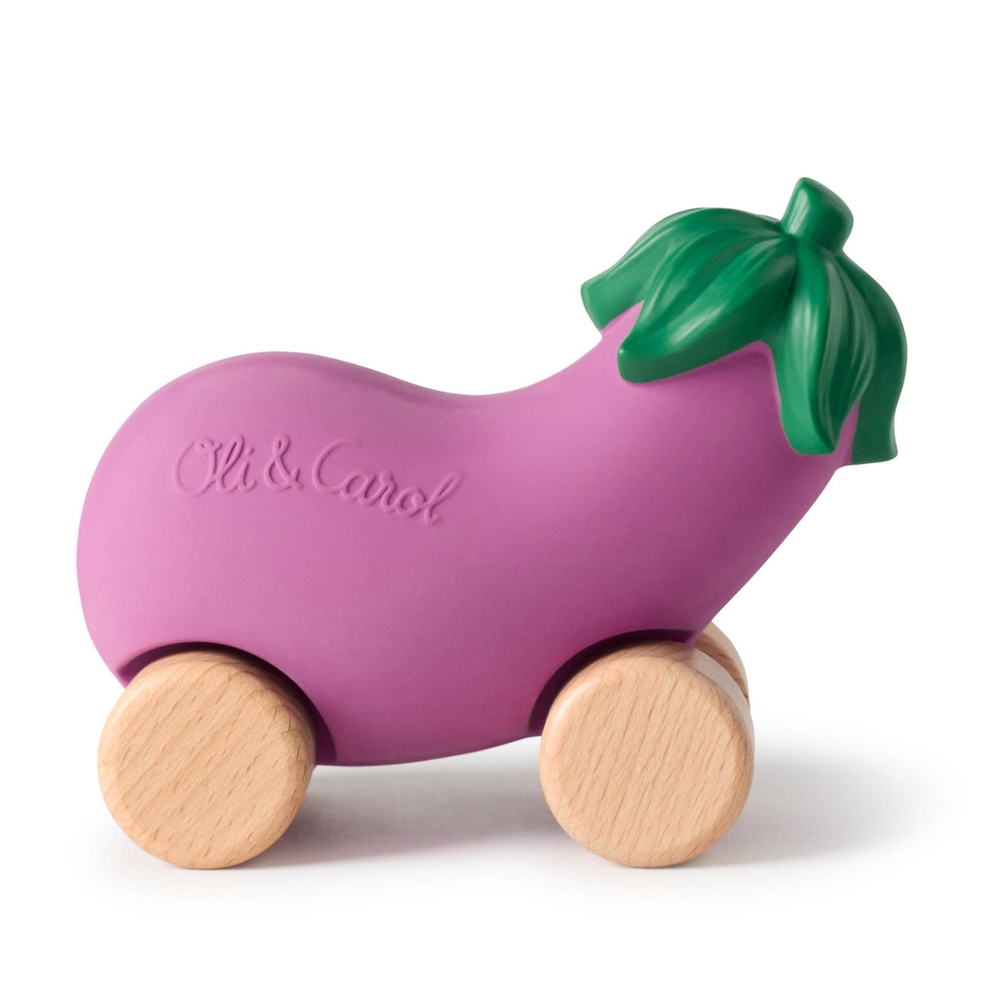 Purple toy eggplant with wooden wheels on a white background