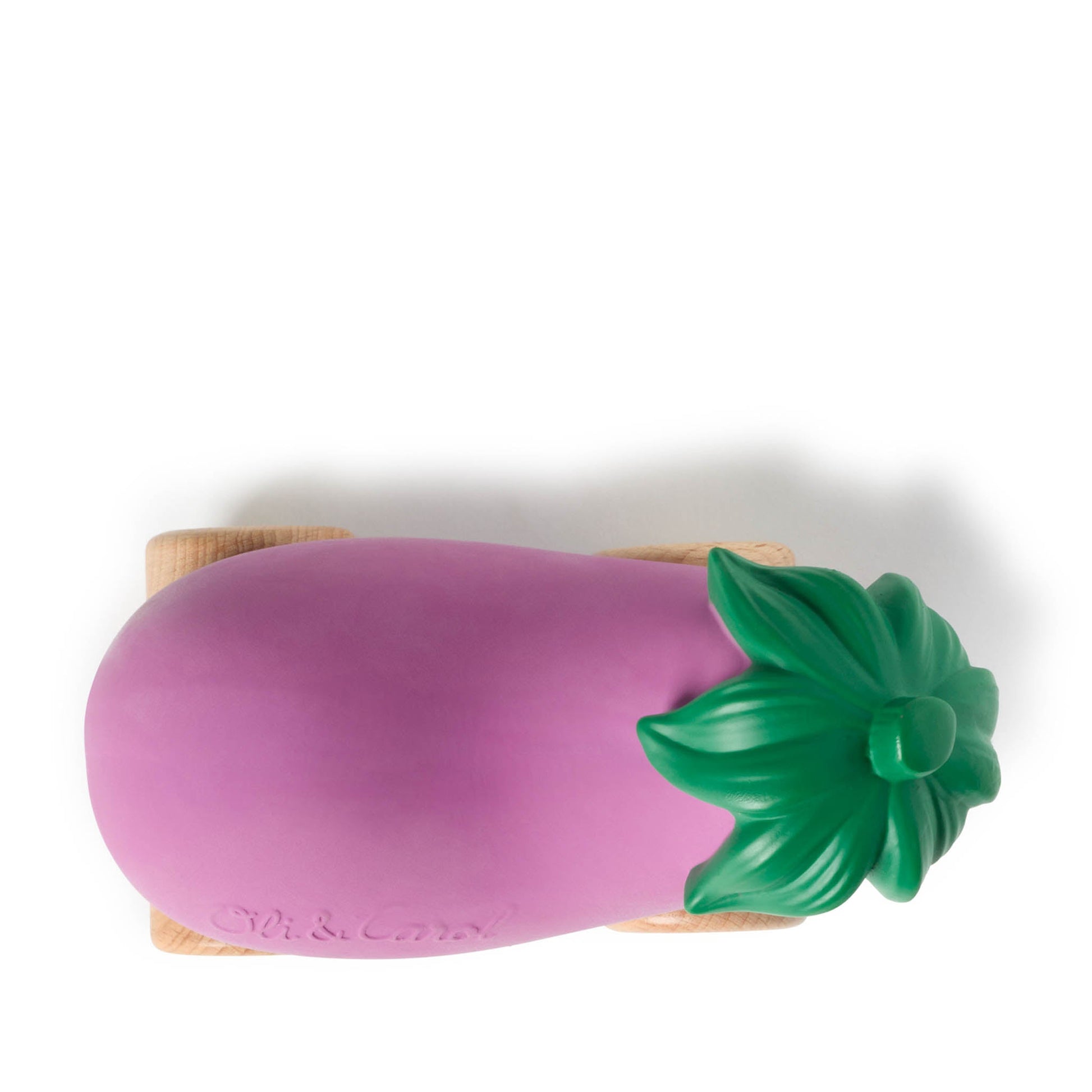 Purple eggplant-shaped object with green leaves on a white background