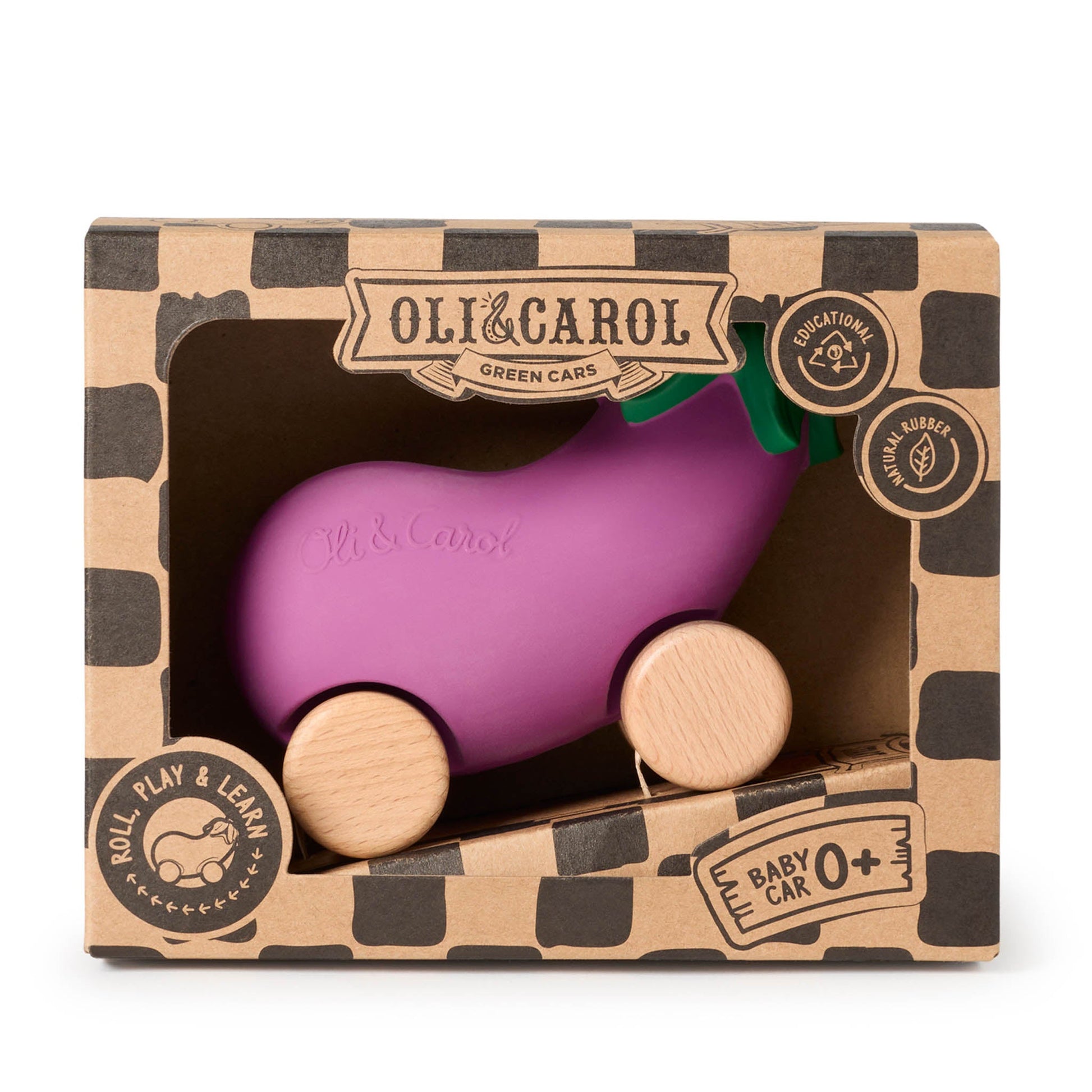 Purple toy car with wooden wheels in a branded box on a white background