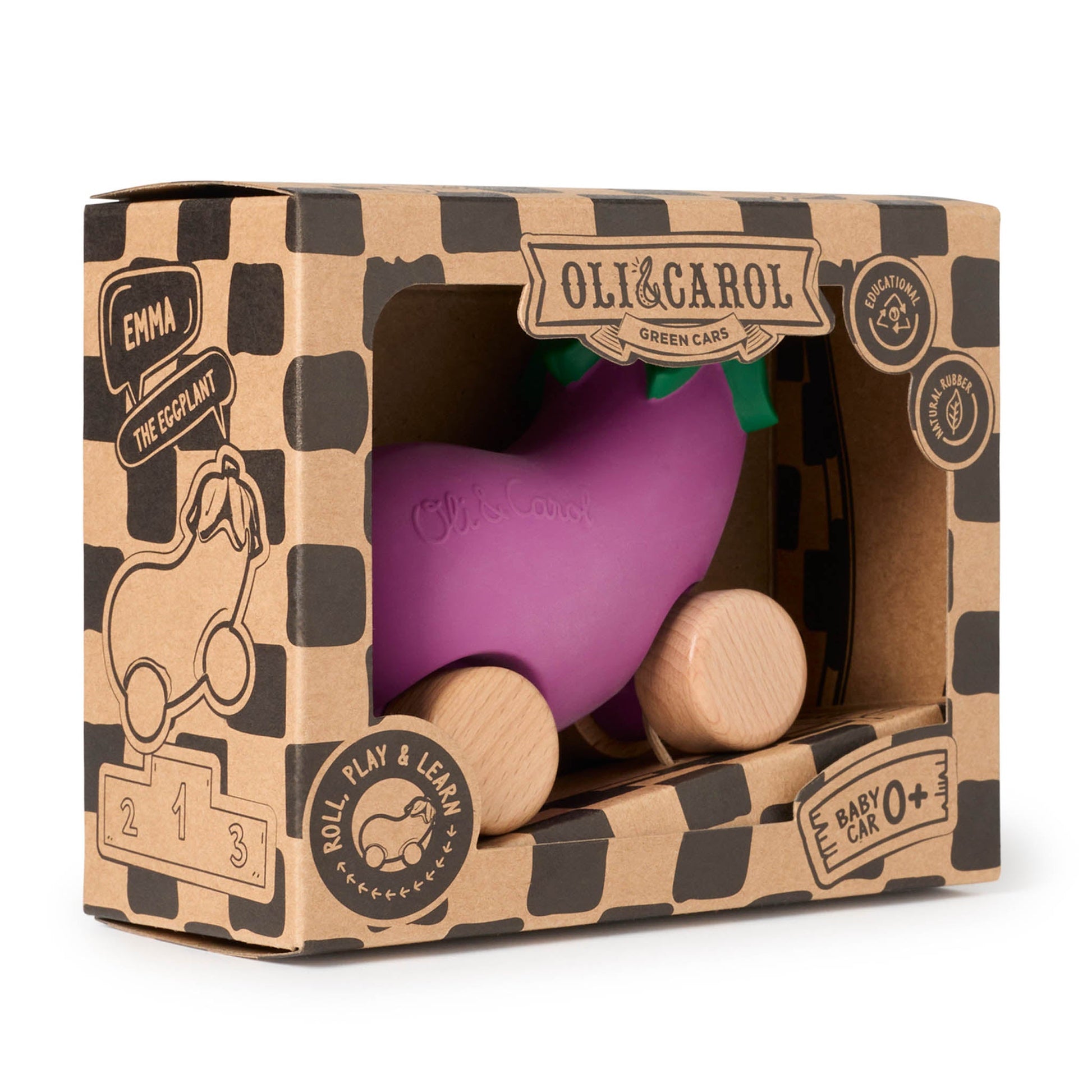 Purple eggplant-shaped toy with wooden pieces in a branded box